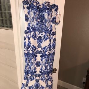 Long white and blue Mermaid evening gown Sz 8